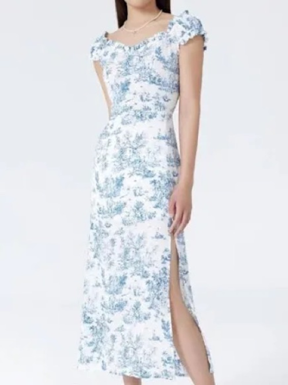 Cider White and Light Blue Floral Off-Shoulder Midi Dress